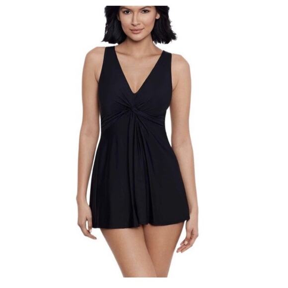 NWT Miraclesuit V-Neck Marais Knot Front Swimsuit Swimdress Black Size 10 - Picture 1 of 10